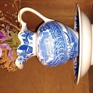 VINTAGE NORLEANS JAPAN CHINA BLUE AND WHITE BLUE WILLOW PITCHER glued together